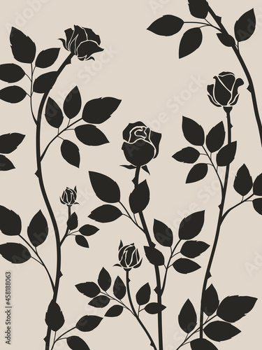 Black rose vine silhouette art on beige background