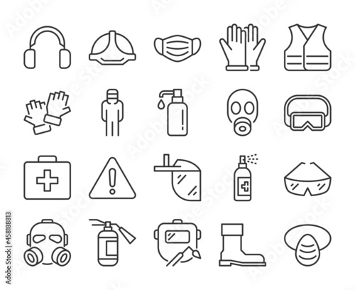 Protection equipment icon. Personal protection equipment line icons set. Editable Stroke.