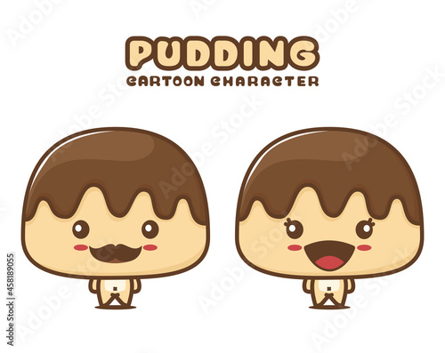 cute chocolate pudding mascot, cake cartoon illustration