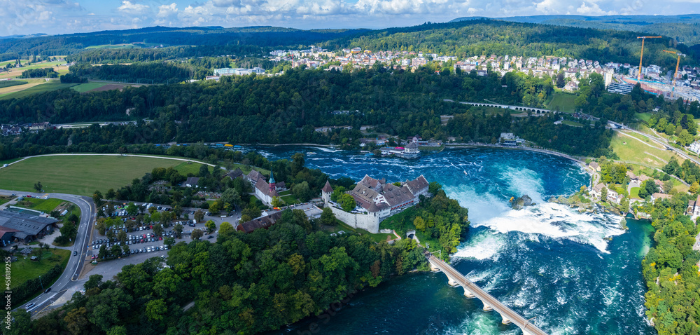 Aerial view of the Rhein Falls, waterfall in Switzerland on a sunny day in summer.
