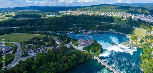 Aerial view of the Rhein Falls, waterfall in Switzerland on a sunny day in summer. © GDMpro S.R.O
