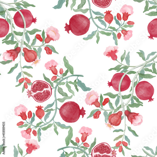 Pomegranate fruit and flower blossom seamless repeated pattern on white