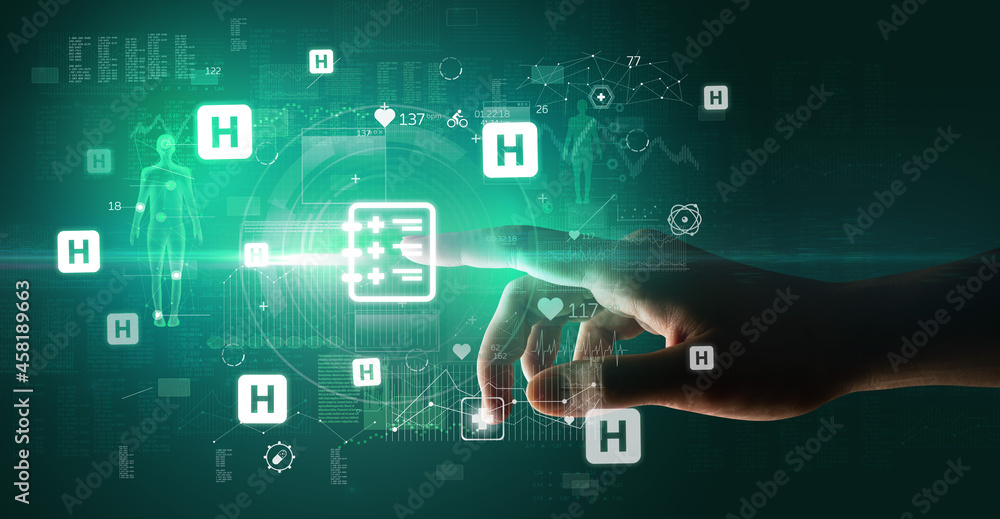 Doctor hand pressing futuristic health device with medical symbol on screen Doctor hand pressing futuristic health device with medical symbol on screen