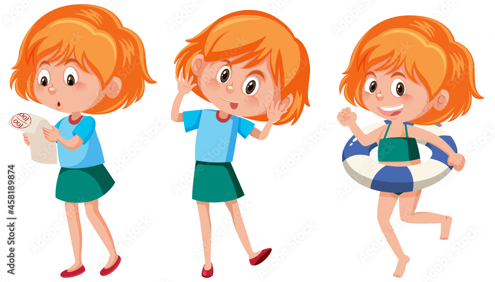 Set of a girl cartoon character with different positions Set of a girl cartoon character with different positions