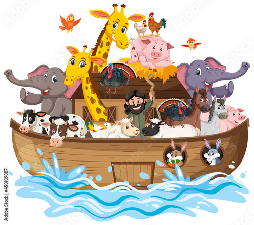 Animals on Noah's ark with sea wave isolated on white background