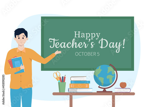 World teacher's day banner concept. Male young teacher with books explain gesture to chalkboard, table with stationery, apple and globe. International world holiday. Creative vector illustration