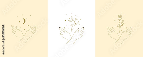feminine Beauty boho logo collection with magical hand, nails, rose, crystal, moon, sun, star Vector illustration for icon, logo, sticker, printable and tattoo