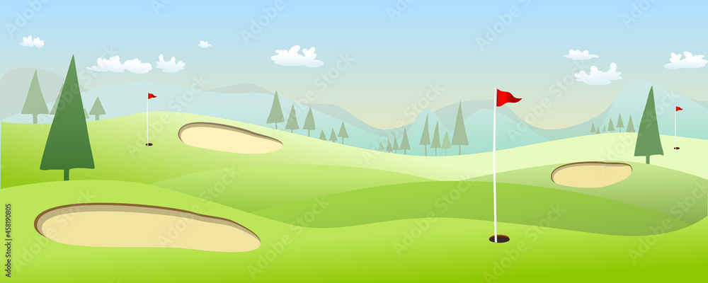 Countryside landscape golf course with flags There is a sand bunker mountain range behind
