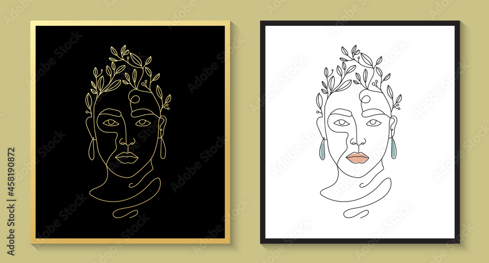 Hand drawn feminine woman beauty minimal face and floral botanical logo template for makeup spa salon skin & hair care line art portrait printable