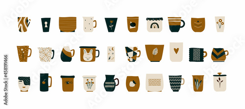 Fashionable ceramic cups. Scandinavian-style tea, coffee mugs. Side view modern floral geometric patterns. Colorful set made of porcelain. Illustration mug drinks. Vector isolated on white background