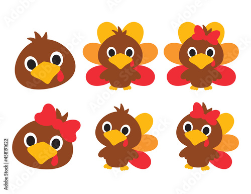 Cute baby boy and girl Thanksgiving turkeys vector illustration.