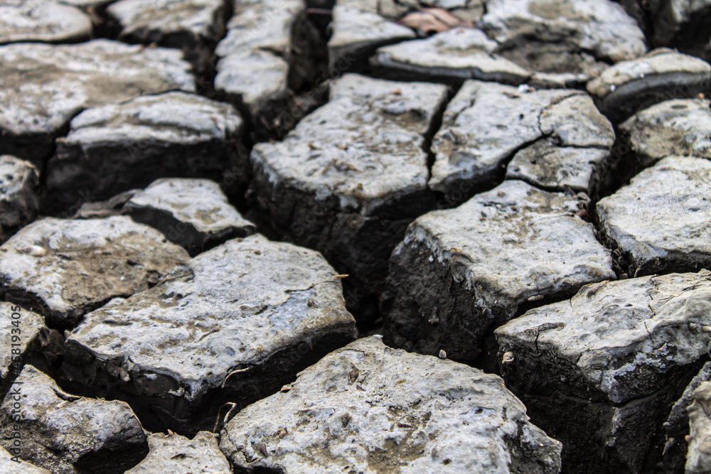 The dry soil is broken into deep trenches.