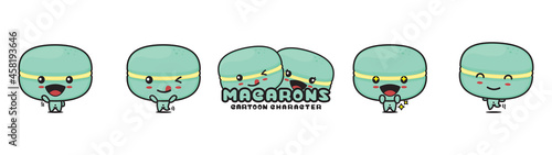 cute macarons mascot, snack cartoon illustration, with different facial expressions and poses