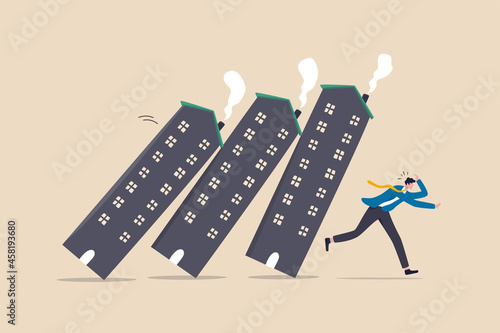 Real estate or property debt crisis causing domino effect, housing and stock market or investment asset fall down concept, panic businessman investor run away from collapsing housing domino.