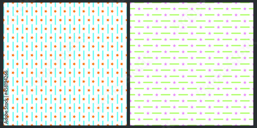 A set of seamless patterns. Abstract, geometric pattern. Green and blue vertical and horizontal lines with orange and pink stars between them, on a white isolated background. 