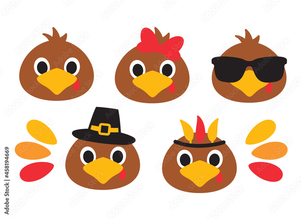 Set of cute boy and girl baby turkey faces vector illustration. Turkey  faces with bow, sunglasses, hat, and headband illustration. Stock Vector |  Adobe Stock