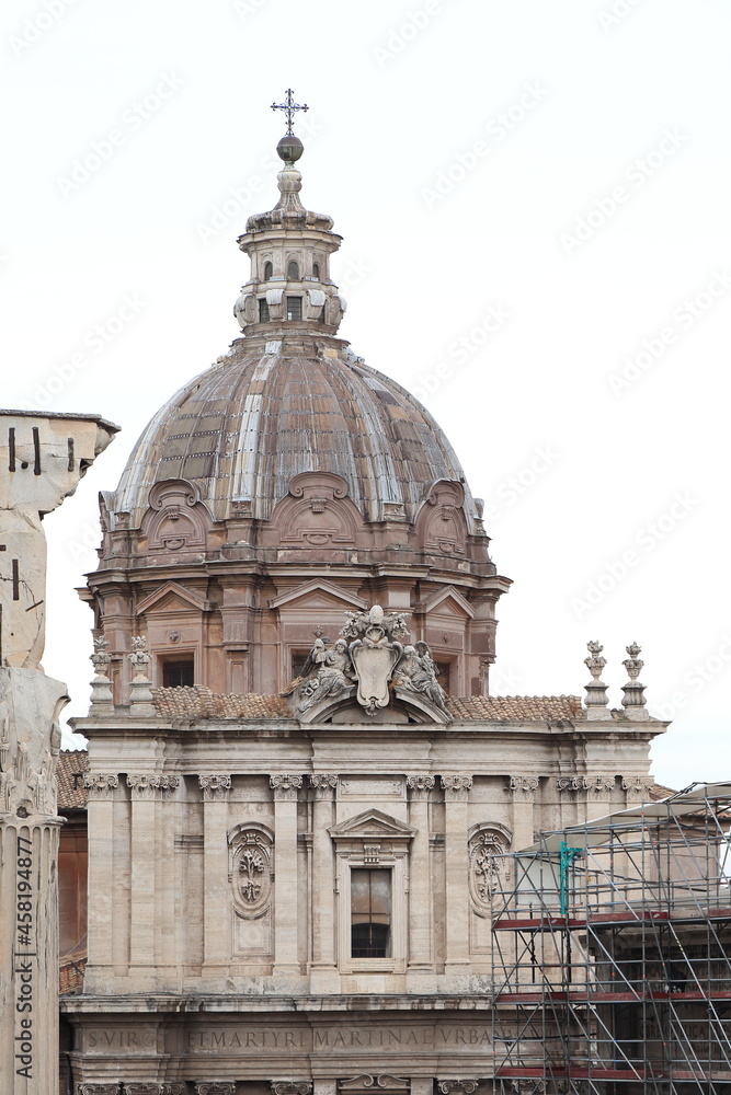 Santi Luca e Martina Church Facade and Dome at the Roman Forum in Rome, Italy
