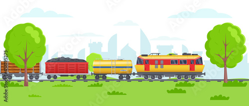 Freight train with wagons, tanks, freight, cisterns. Railway locomotive train with wagon, transportation cargo, transport locomotive on background of natural landscape