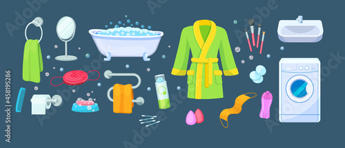 Bathroom with bath accessories. Bathtub, sink, washing machine, soap dish, bathrobe, mirror, comb, heated towel rail, washcloth, gel, makeup accessories