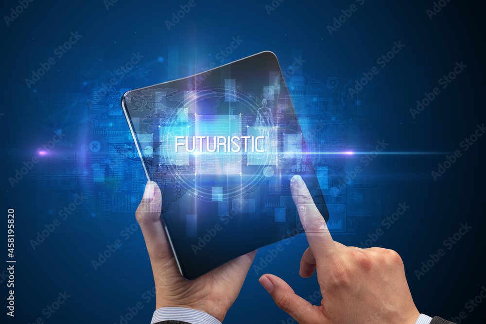 Businessman holding a foldable smartphone Businessman holding a foldable smartphone
