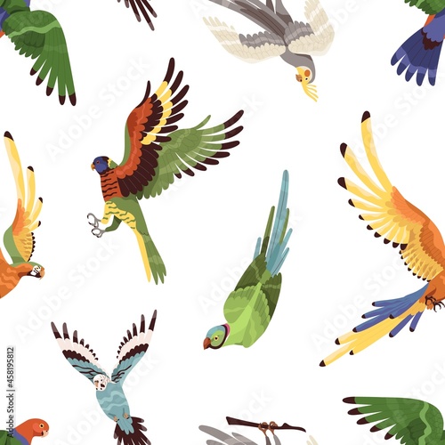Seamless pattern with tropical parrots flying on white background. Repeating ...
