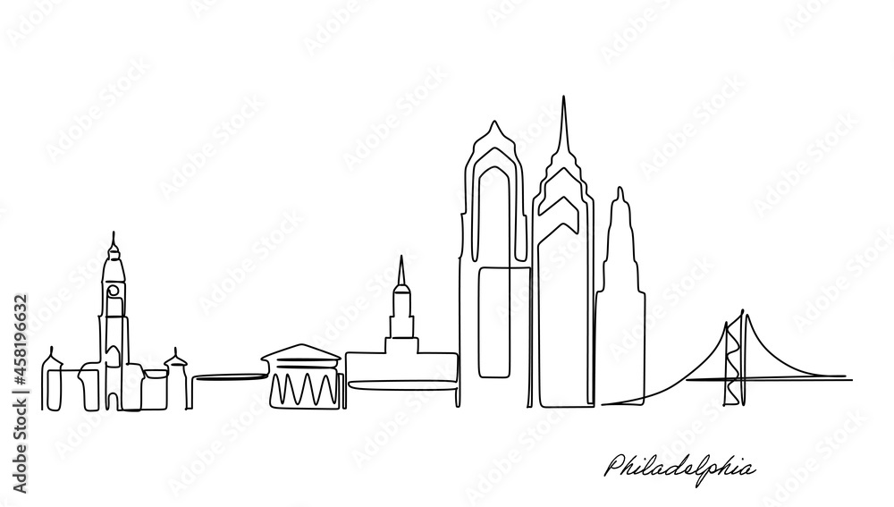 Continuous single line drawing of Philadelphia city skyline, United States. Beautiful landmark. World city landscape travel vacation. Editable stylish stroke one line draw design vector illustration