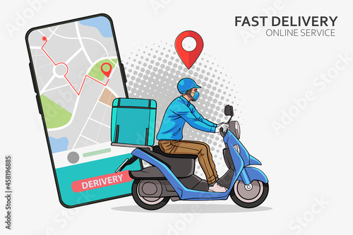 faast delivery service by scooter with courier Fast delivery man with motorcycles
