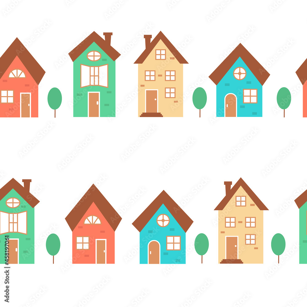 Seamless pattern with street houses. Bright background for design and decoration of products.
