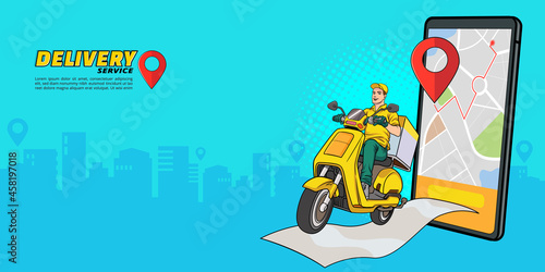 smartphone with delivery service by scooter with courier