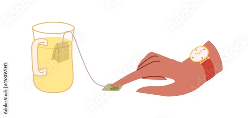 Womans hand making hot tea in cup, brewing it with teabag. Herbal beverage in glass mug. Warming morning teacup. Teatime concept. Flat vector illustration isolated on white background