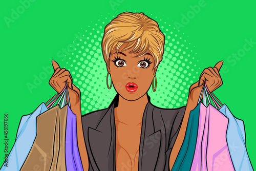 surprised black woman with holding shopping bags