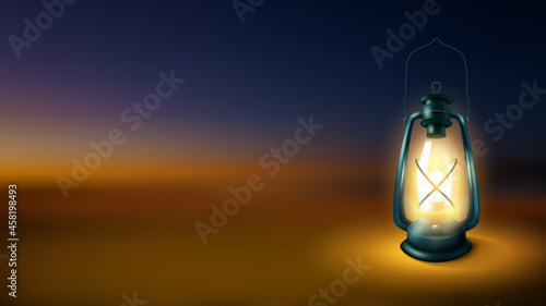 Realistic Lantern isolated on night blurred background, Kerosene lamp illuminated. Vector Illustration