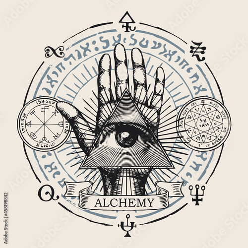 Hand-drawn round vector emblem with all-seeing eye of God on an open palm. Human hand with eye of Providence in a triangle, esoteric symbols, magic runes, alchemical signs and the inscription Alchemy