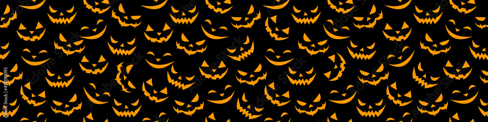 Vector Seamless pattern of smiling faces in flat style. Glowing and looking out of dark creepy snouts of creatures, isolated on black background. Halloween texture Vector Seamless pattern of smiling faces in flat style. Glowing and looking out of dark creepy snouts of creatures, isolated on black background. Halloween texture
