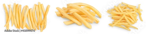 French fries or fried potatoes isolated on white background. Set or collection