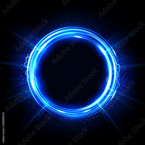 Blue Glowing Circle, Elegant Illuminated Light ring on Dark Background. Vector Illustration