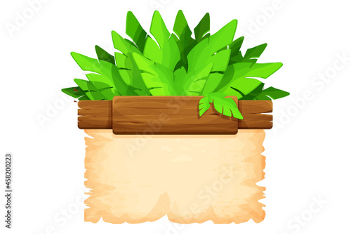 Wood planks with parchment paper jungle frame in cartoon style isolated on white background. Frame, medieval panel, menu. Empty gui asset, signboard.