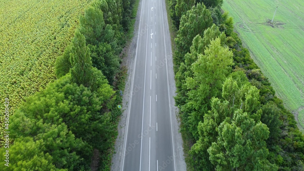 Asphalt road outside the city with high-speed traffic. Drone flight over the road and trees.