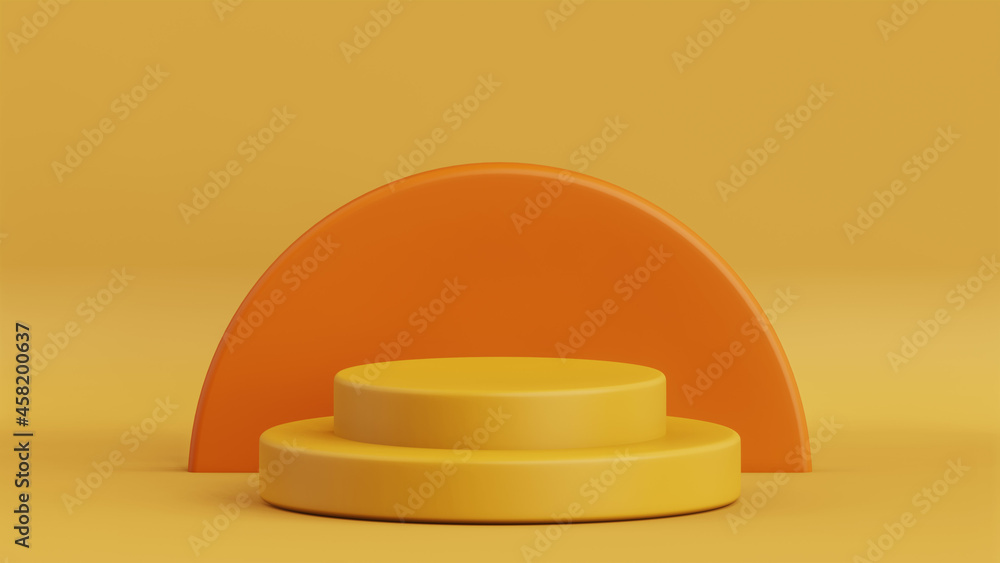3D rendering of empty product display podiums on orange color background. Stage for product advertising. 3D rendering of empty product display podiums on orange color background. Stage for product advertising.
