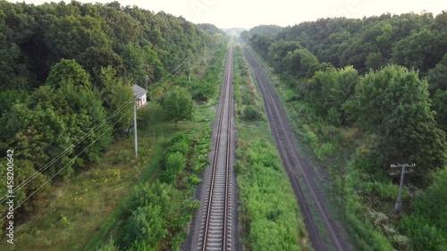 Railway tracks through forests and fields.