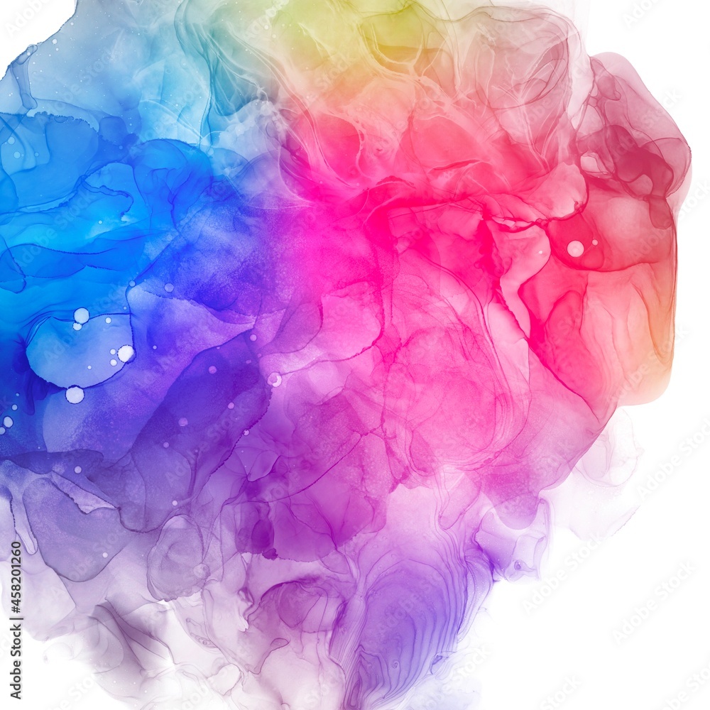 アルコールインクアートの抽象背景）虹色の鮮やかなグラデーション　うねり　曲線　煙　水　正方形　綺麗　動き