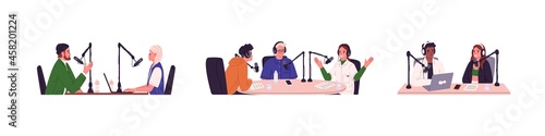 Set of people with microphones and headphones recording audio for podcasts and radio broadcasts. Happy men and women talking at live stream. Flat vector illustration isolated on white background