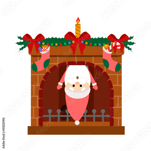 vector illustration of santa hanging upside down in the fireplace, fireplace decorated for Christmas