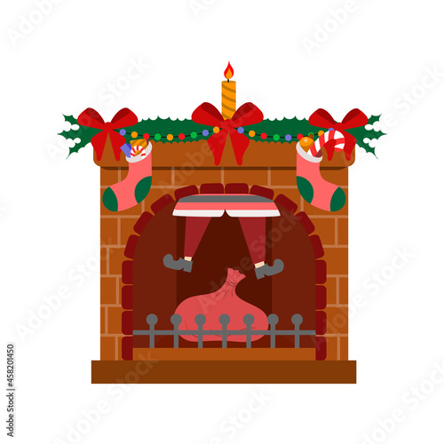 vector illustration of Santa's feet sticking out of the fireplace, a fireplace decorated for Christmas, isolated on a white background. Santa is stuck in the chimney of the fireplace