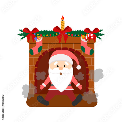 vector illustration of Santa fell out of the chimney of a fireplace, a fireplace decorated for Christmas, isolated on a white background.