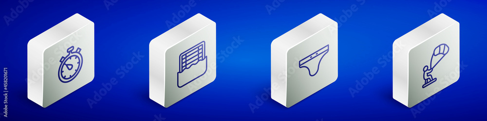 Set Isometric line Stopwatch, Water polo, Swimming trunks and Kitesurfing icon. Vector Set Isometric line Stopwatch, Water polo, Swimming trunks and Kitesurfing icon. Vector