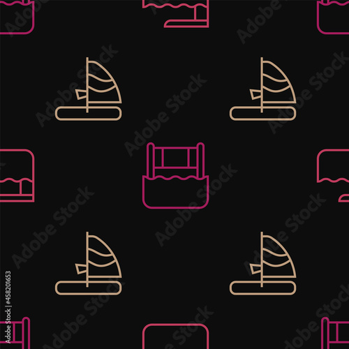 Set line Diving board or springboard, Windsurfing and Water volleyball net on seamless pattern. Vector