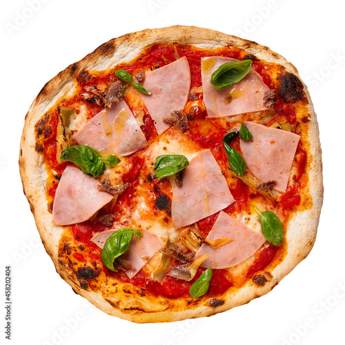 Isolated appetizing ham pizza with basil on white background