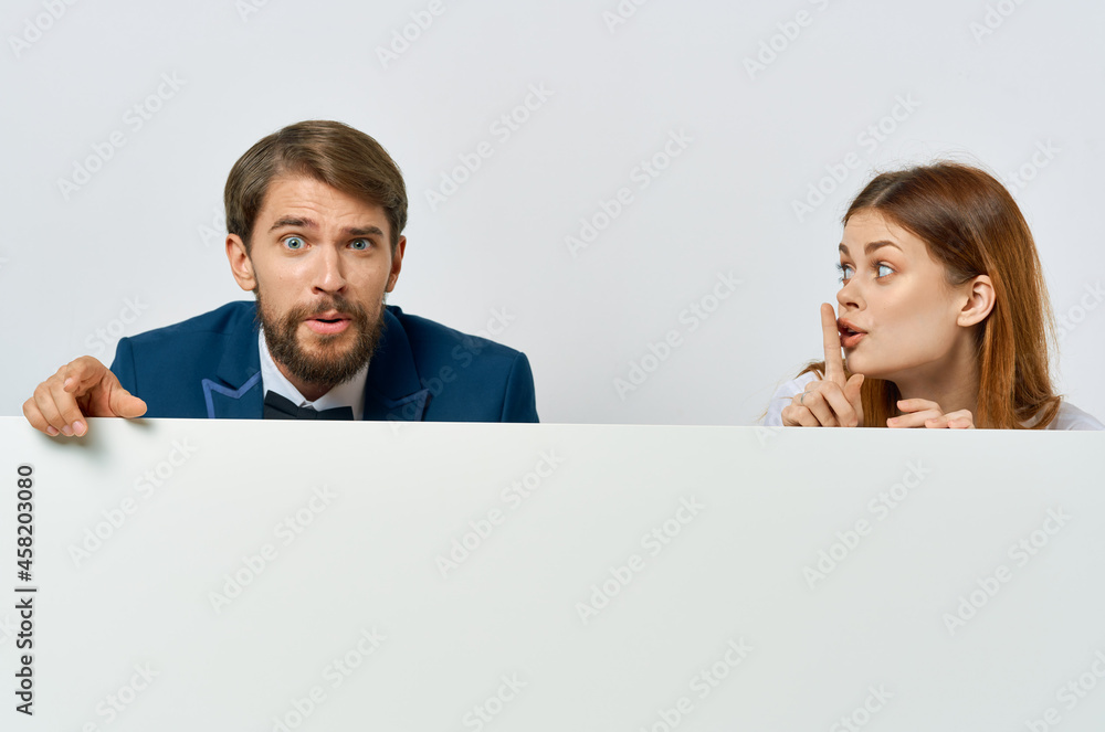 business man and woman billboard marketing fun emotions isolated background business man and woman billboard marketing fun emotions isolated background