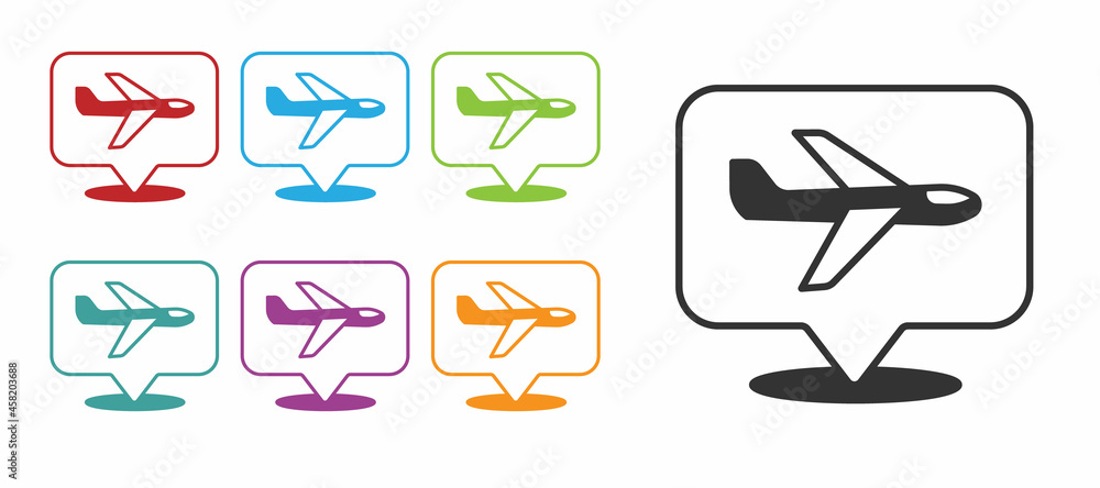 Black Plane icon isolated on white background. Flying airplane icon. Airliner sign. Set icons colorful. Vector